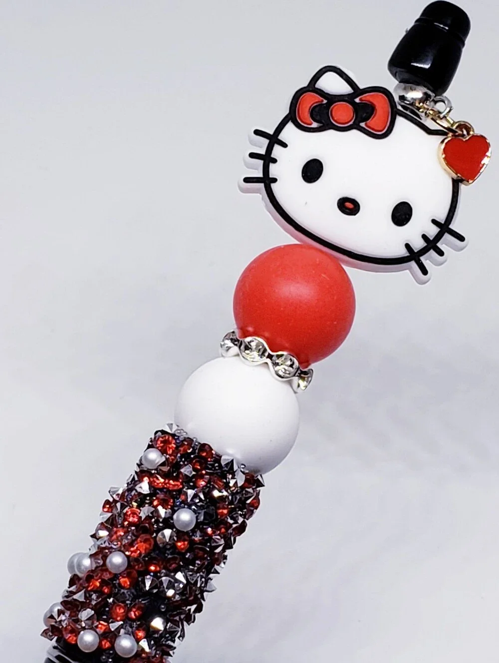 Handmade Red White Hello Kitty Rhinestone Beaded Silicone Focal Bead Pen